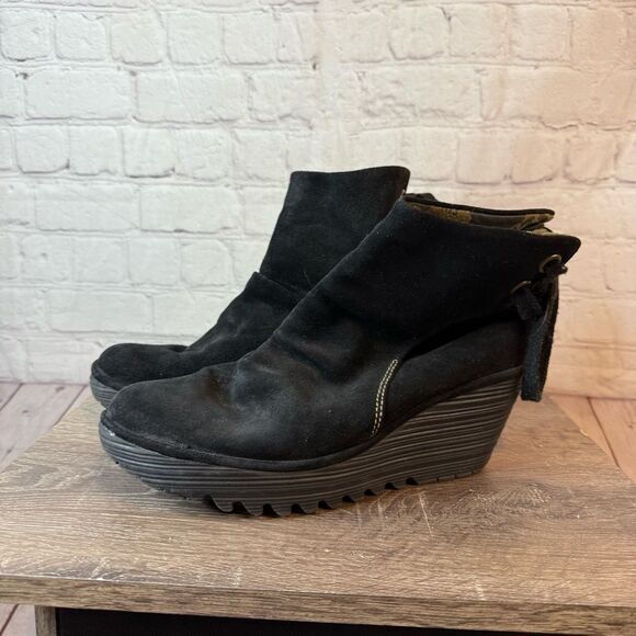 Fly London Yama Black Suede Wedge Ankle Boots - Picture 1 of 8